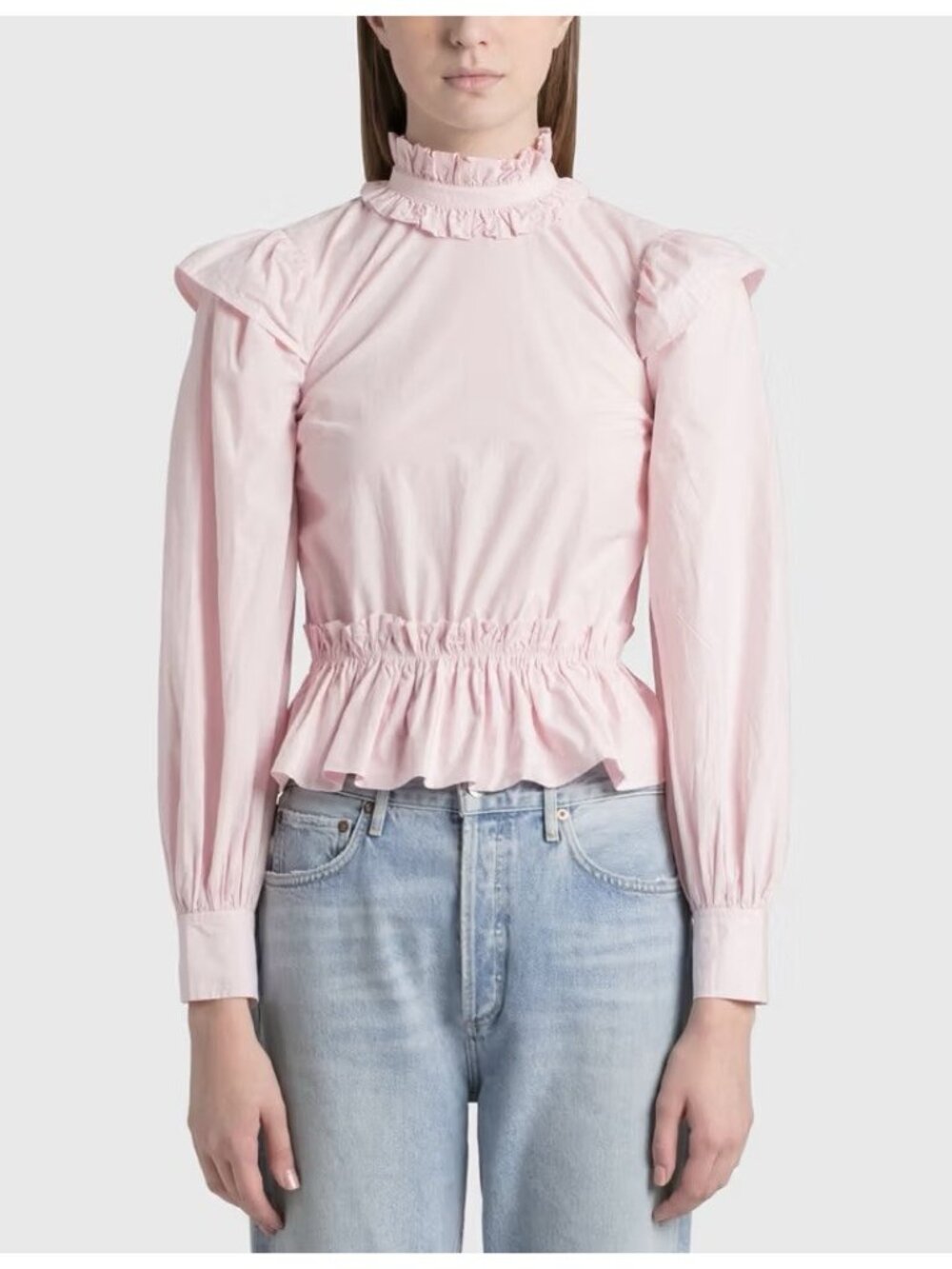 Ganni Women’s Top Pink Cotton Poplin Blouse Ruffled Cropped Size 36 Small